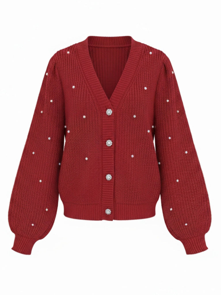 Rot 1950er Solide Perlen Perlenbesatz Locker Stricken Strickjacke