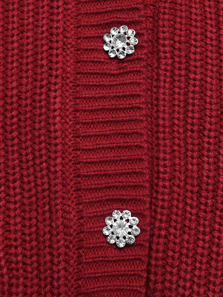 Rot 1950er Solide Perlen Perlenbesatz Locker Stricken Strickjacke