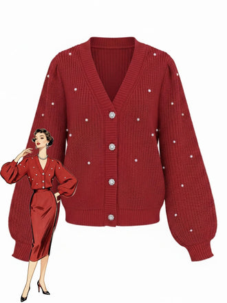 Rot 1950er Solide Perlen Perlenbesatz Locker Stricken Strickjacke