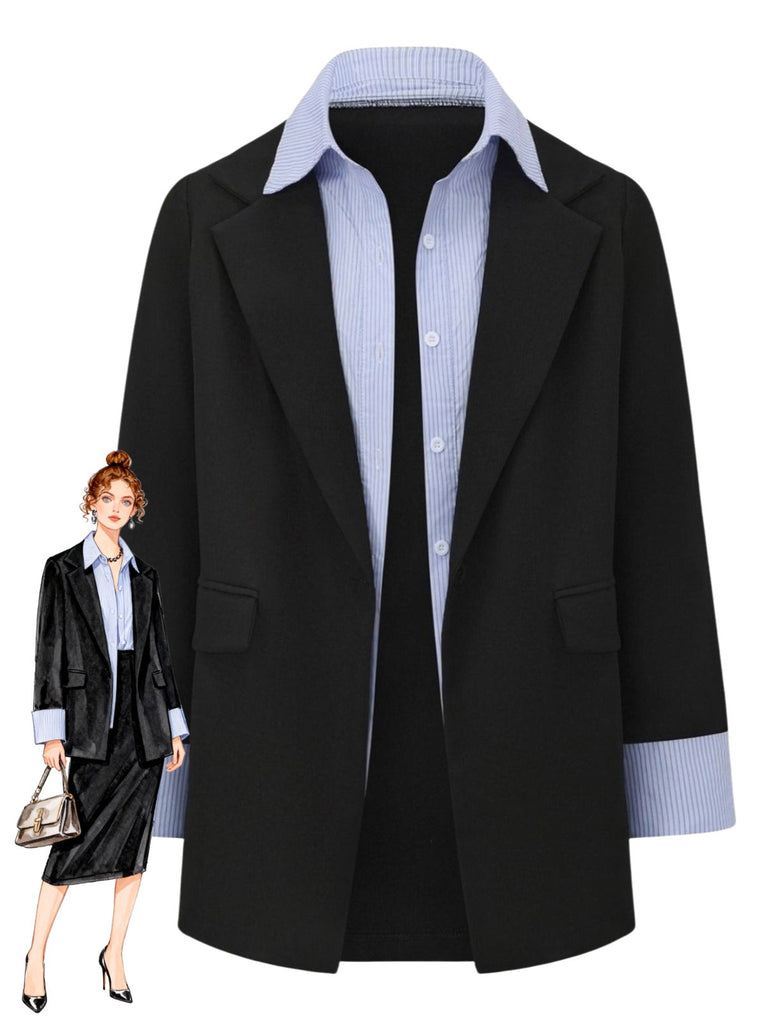 Schwarz 1950er Streifen Revers Kunst Zweiteilig Blazer