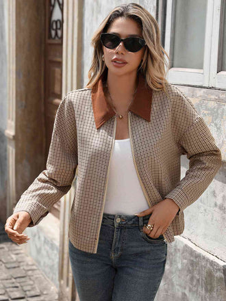 Braun 1950er Revers Kariert Reißverschluss Jacke