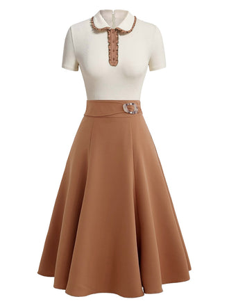 [Vorverkauf] Khaki 1950er Revers Stricken Patchwork Kleid