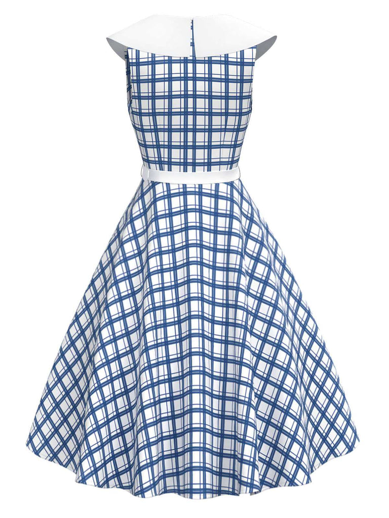 [Vorverkauf] Blau 1950er Matrosenkragen Plaid Ärmellos Gürtel Kleid