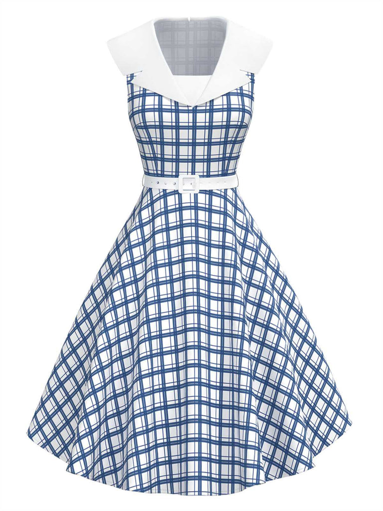[Vorverkauf] Blau 1950er Matrosenkragen Plaid Ärmellos Gürtel Kleid