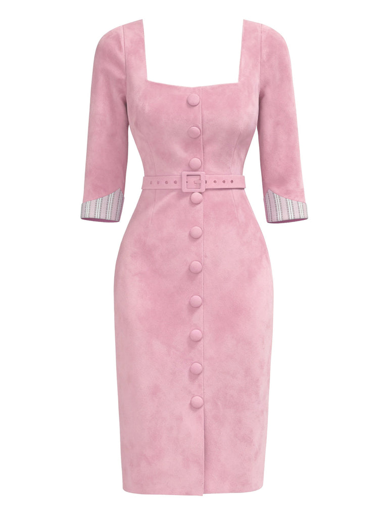 [Vorverkauf] Rosa 1960er Suede Quadratischer Hals Enges Kleid