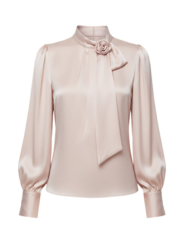 [Vorverkauf] Rosa 1970er 3D Rose Satin Steh Kragen Bluse