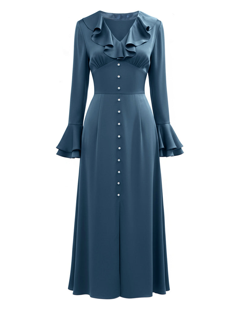 Blau 1940er Taste Satin Schlitz Kleid