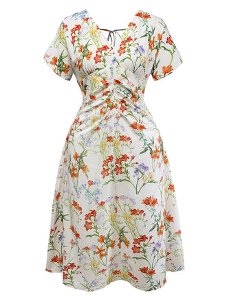 [Vorverkauf] [Übergröße] Weiß 1930er Blumen Gerüschtes Kleid