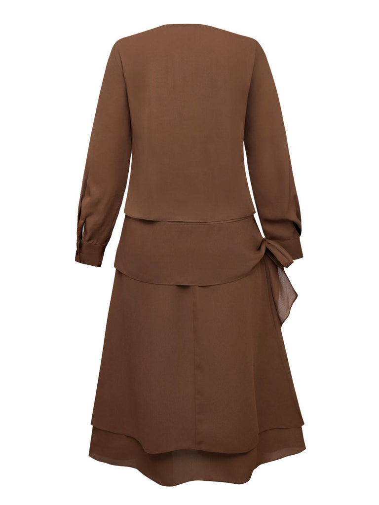 [Vorverkauf] Braun 1920er Bogen Schleife Gürtel Taille Kleid