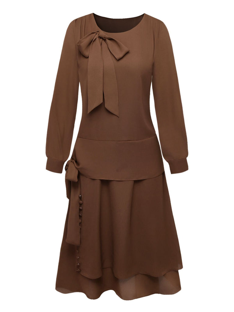 [Vorverkauf] Braun 1920er Bogen Schleife Gürtel Taille Kleid