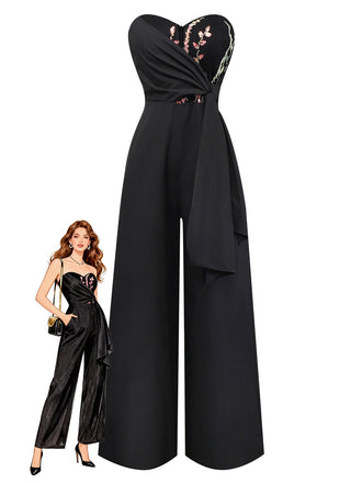 [Vorverkauf] Schwarz 1960er Besticktes Blumen Schnür Trägerlos Jumpsuit