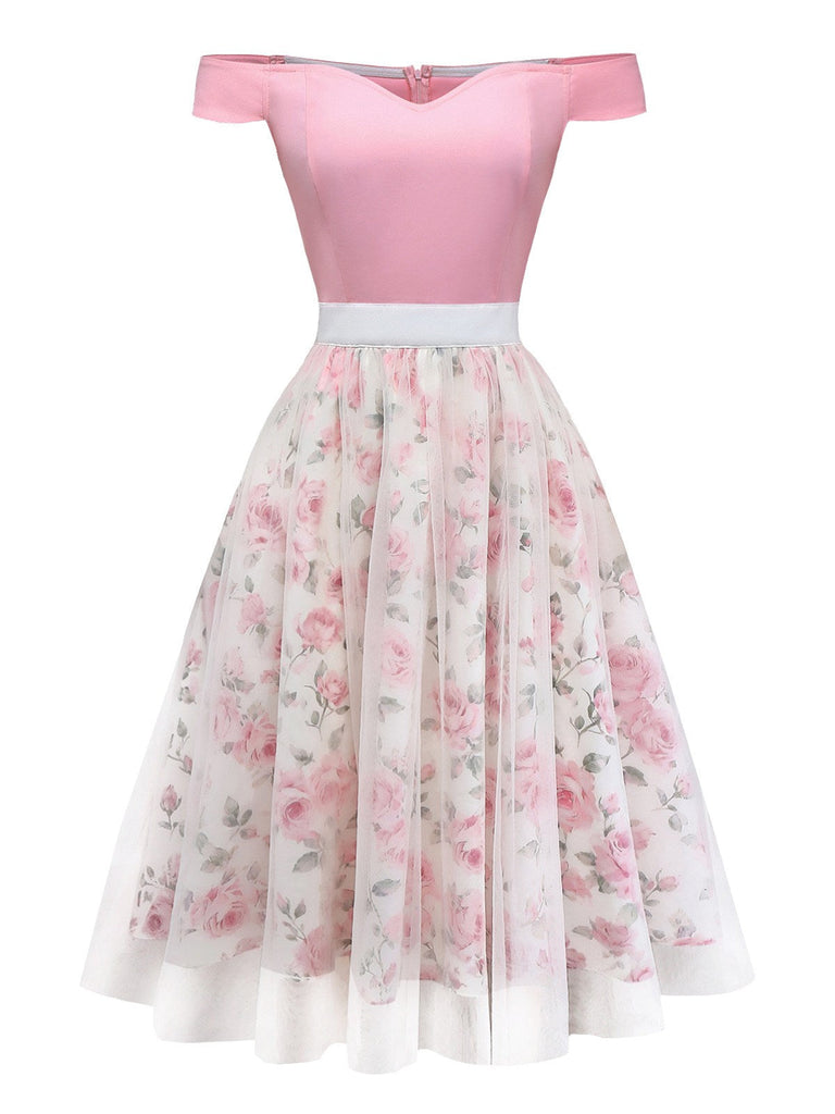 [Vorverkauf] Rosa 1950er Herzausschnitt Rose Netz Schulterfrei Kleid