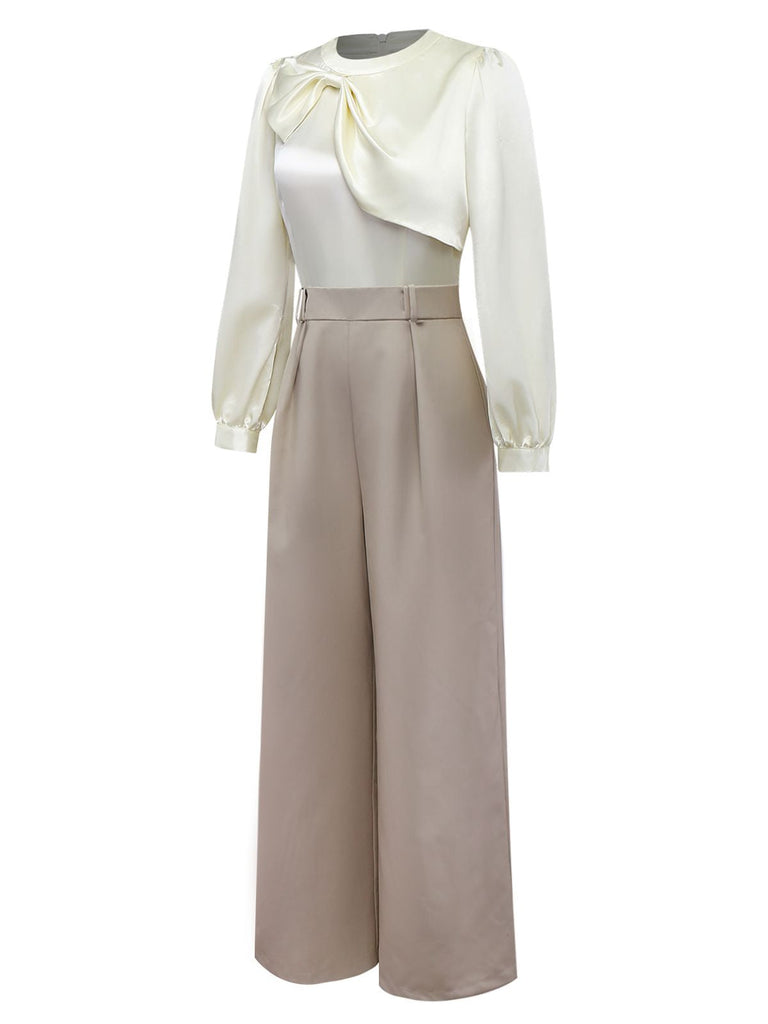 [Vorverkauf] Khaki 1960er Bogen Kragen Patchwork Jumpsuit
