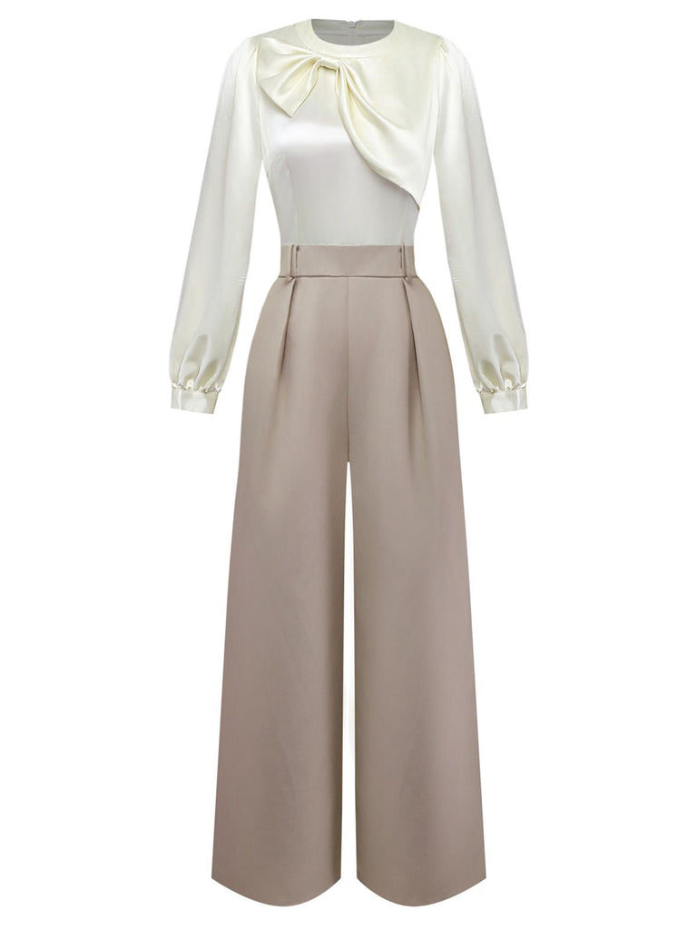 [Vorverkauf] Khaki 1960er Bogen Kragen Patchwork Jumpsuit