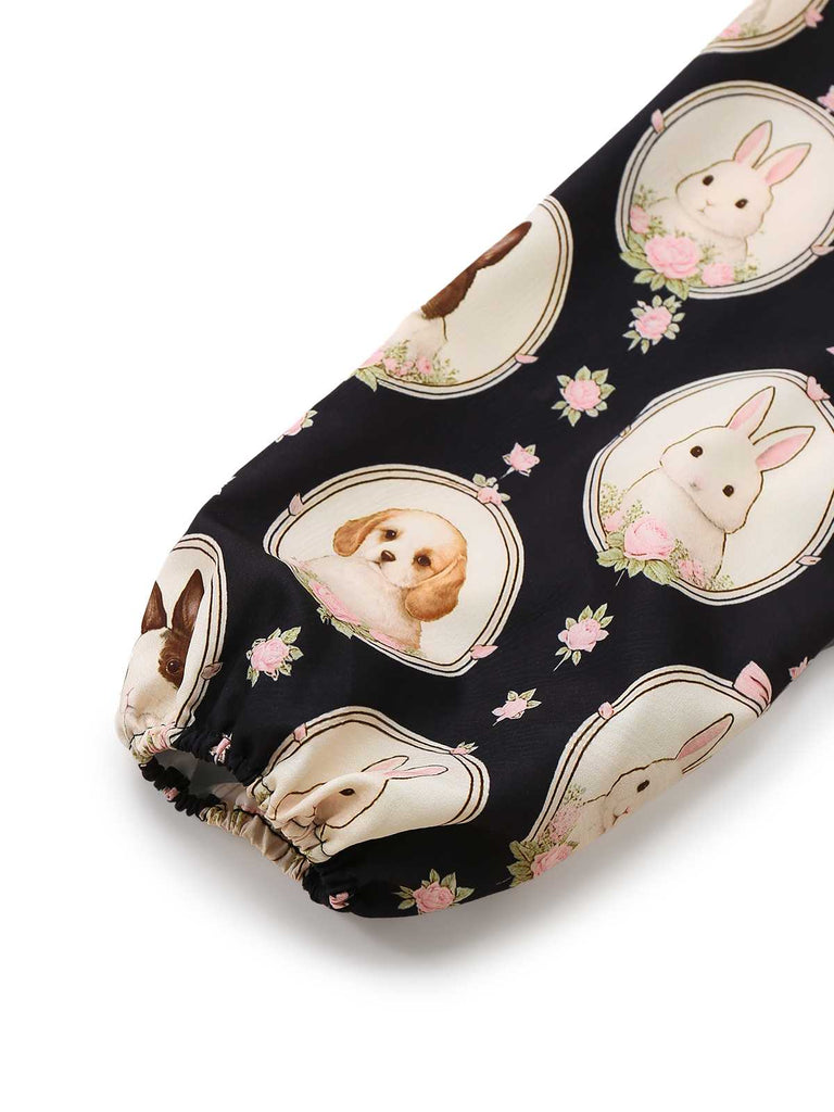 [Vorverkauf] Schwarz 1950er Bootskragen  Häschen Welpe Drucken Kleid