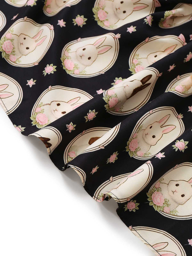 [Vorverkauf] Schwarz 1950er Bootskragen  Häschen Welpe Drucken Kleid