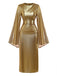 Gold 1970er Fledermaus Ärmel Taille Gerüschtes Kleid