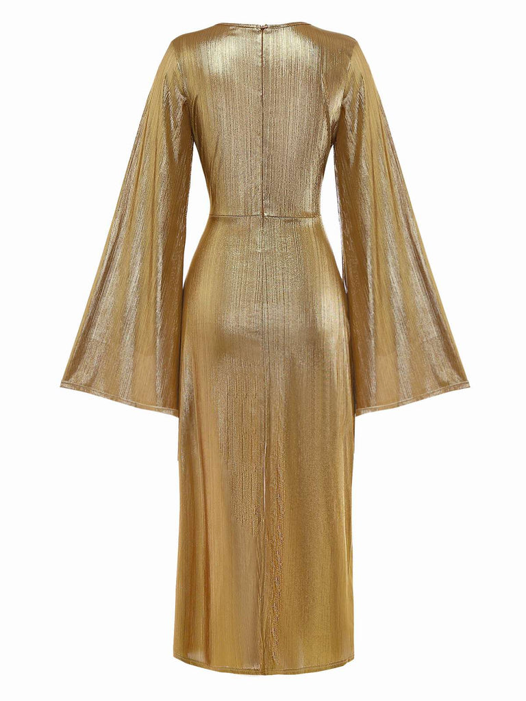 Gold 1970er Fledermaus Ärmel Taille Gerüschtes Kleid