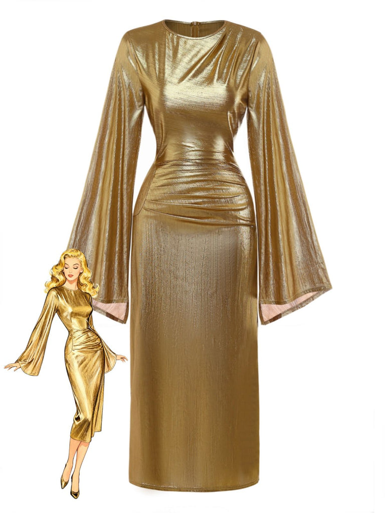 Gold 1970er Fledermaus Ärmel Taille Gerüschtes Kleid