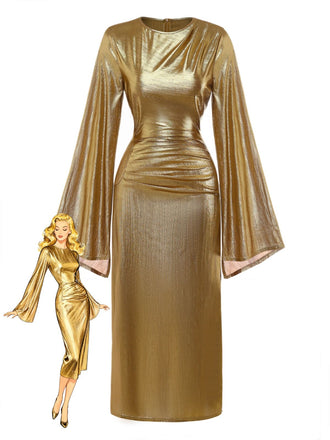 Gold 1970er Fledermaus Ärmel Taille Gerüschtes Kleid