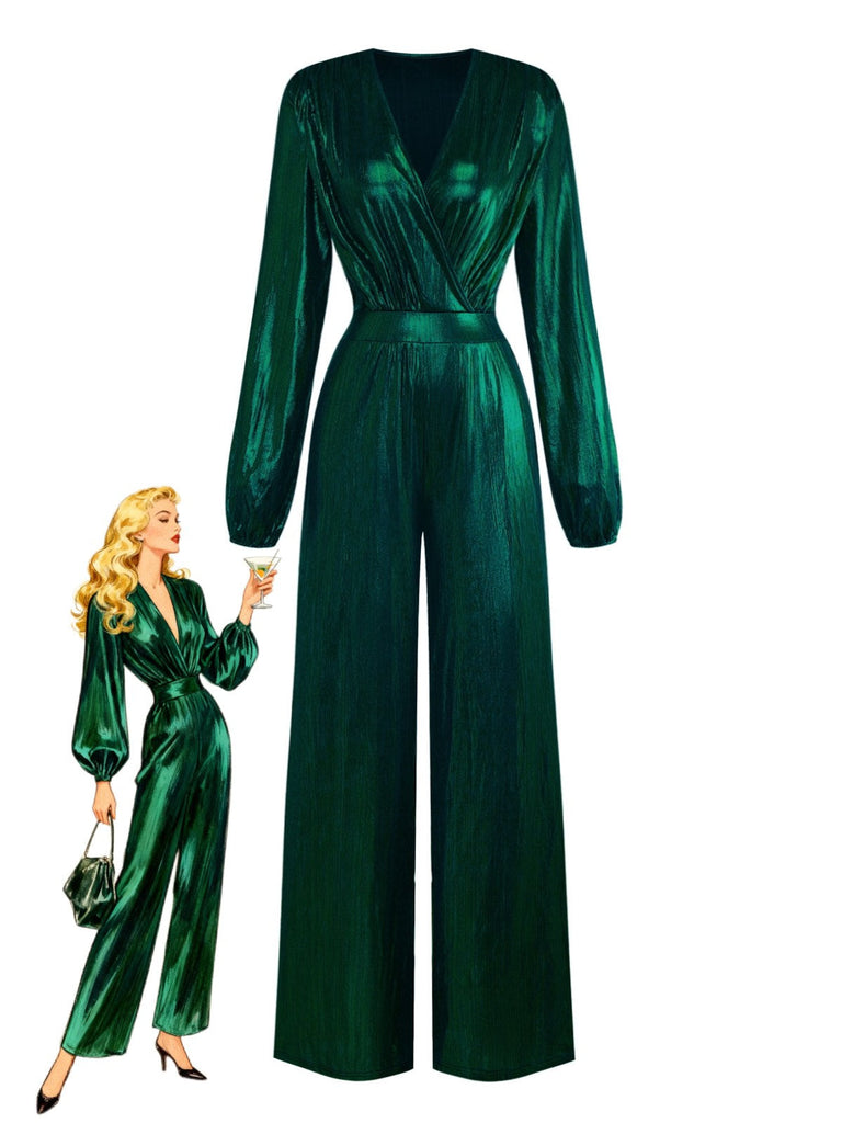 Dunkelgrün 1930er Metallisch V-Ausschnitt Laternenärmel Jumpsuit
