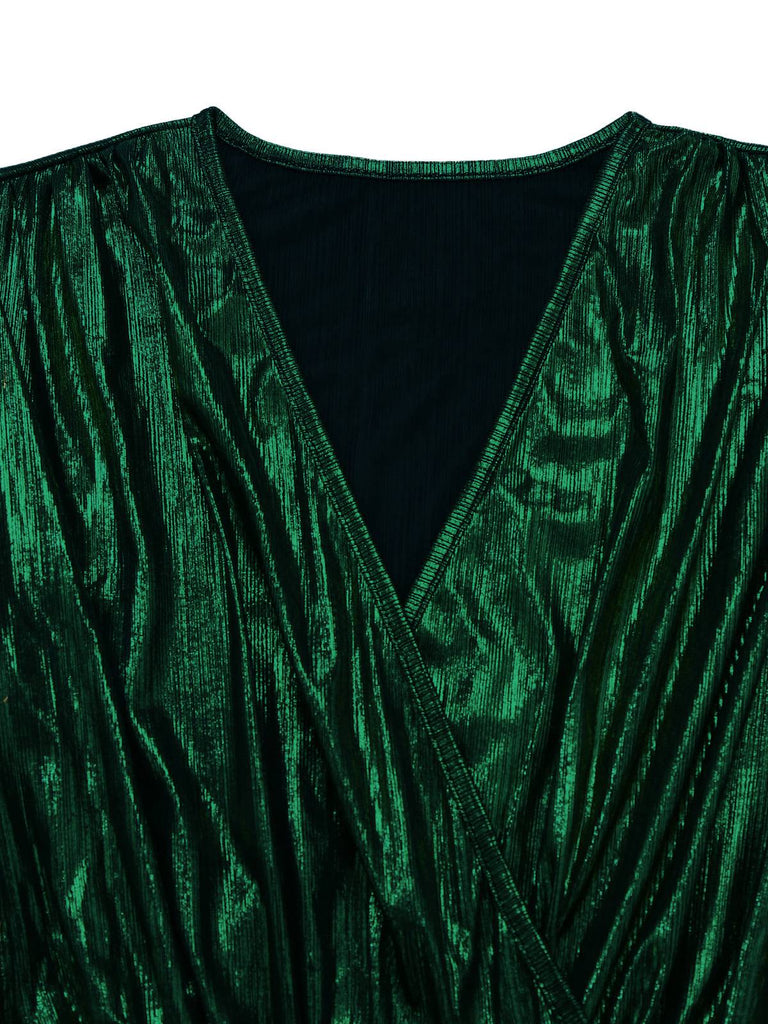 Dunkelgrün 1930er Metallisch V-Ausschnitt Laternenärmel Jumpsuit
