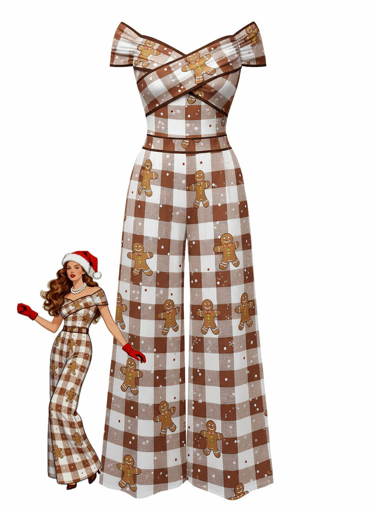 [Vorverkauf] Braun 1960er Schulterfrei Lebkuchen Jumpsuit