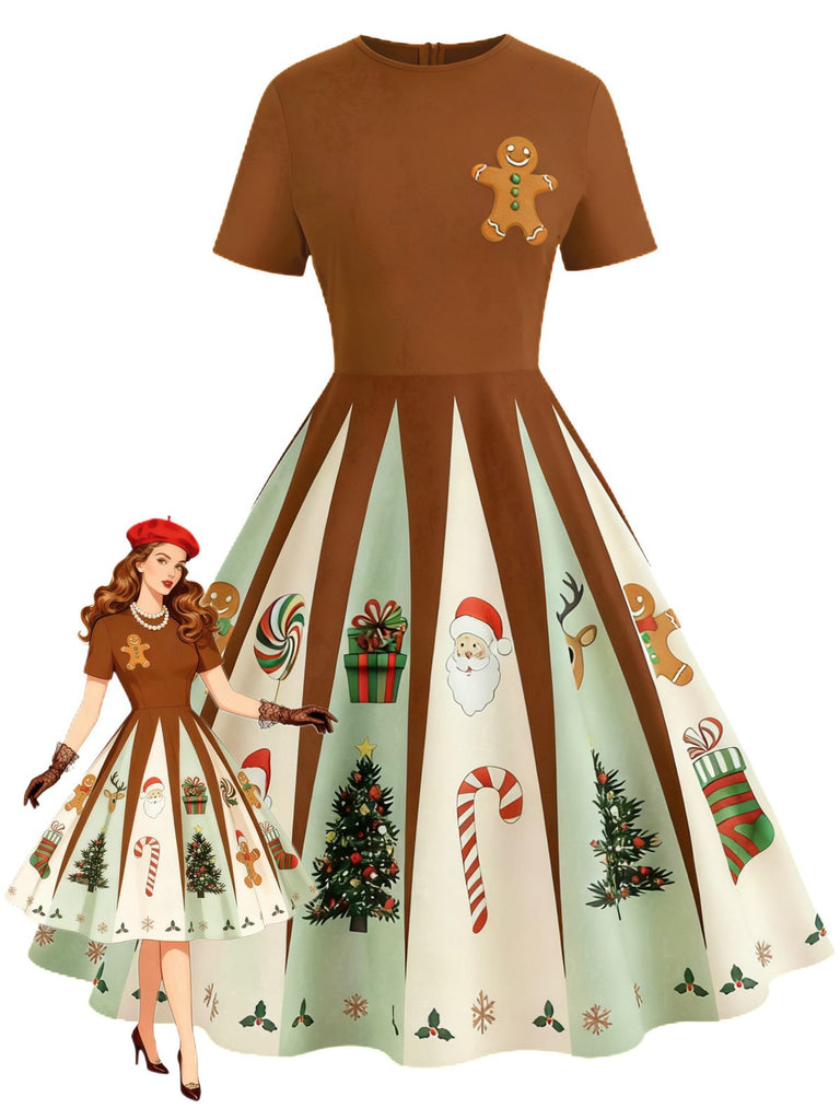 Braun 1950er Weihnachten Lebkuchen Swing Kleid