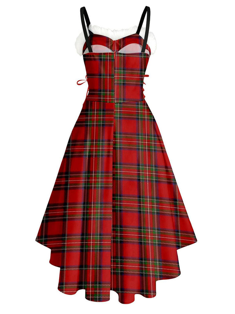1950er Weihnachten Tartan Pelzbesatz High-Low Saum Kleid
