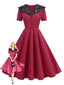 Rot 1950er Spitze Blumen Matrosen Kragen Swing Kleid