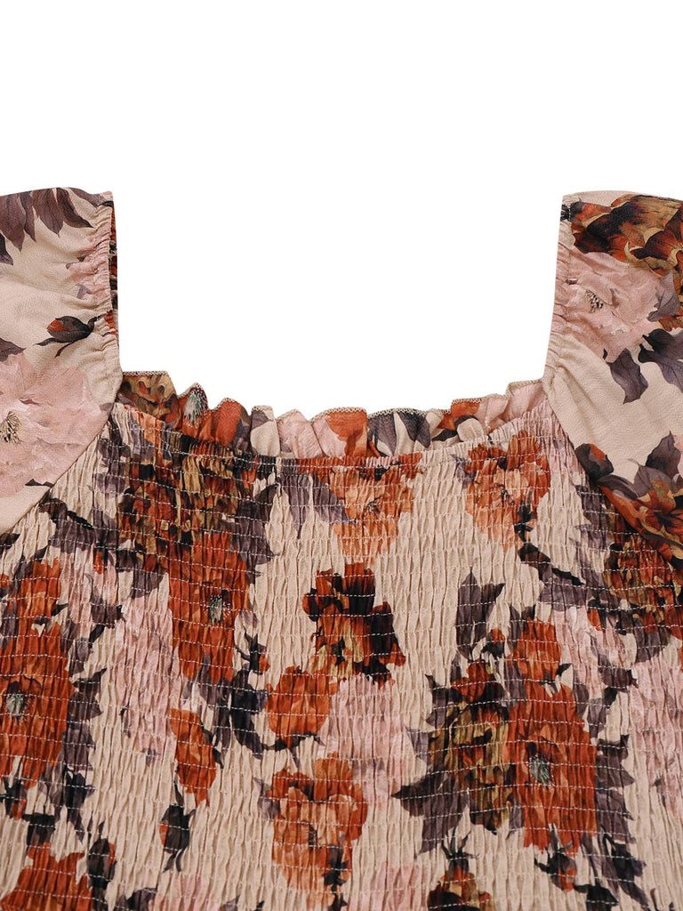 Mehrfarbig 1930er Blumen Gesmokt Gerafft Ärmel Kleid