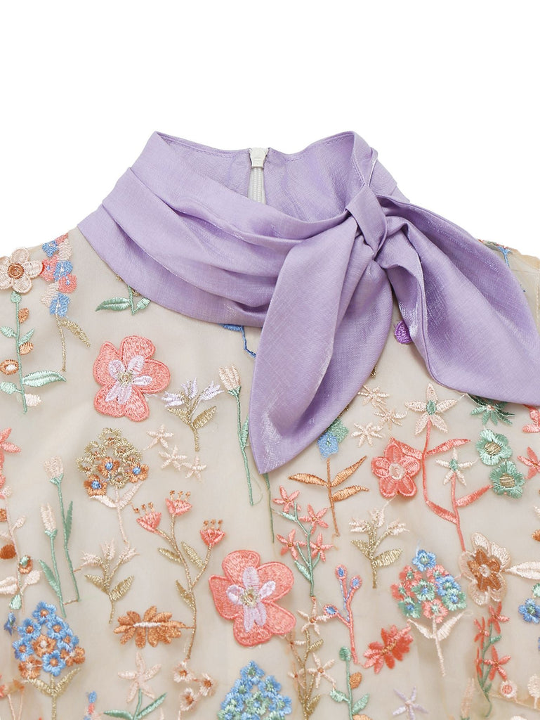 [Vorverkauf] Lila 1950er Blumen Bestickt Schleife Plissiertes Kleid