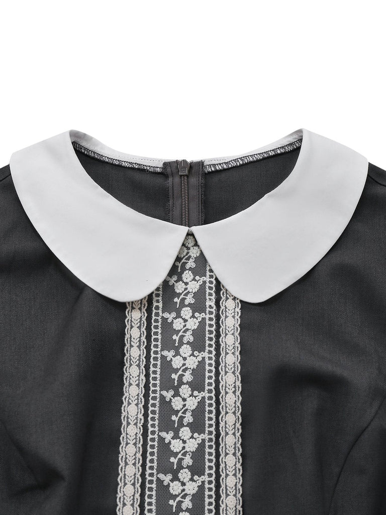 [Vorverkauf] Grau 1960er Bubikragen Spitze Falsch Zweiteilig Kleid