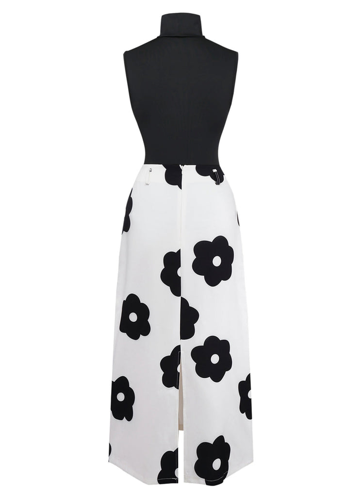 2PCS Schwarz 1930er Rollkragen Top & Blumen Rock