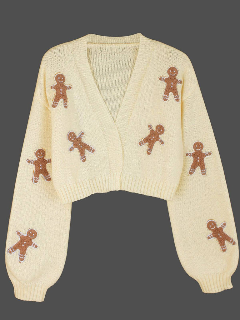 Weiß 1960er Weihnachten Lebkuchenmann Kurz Cardigan
