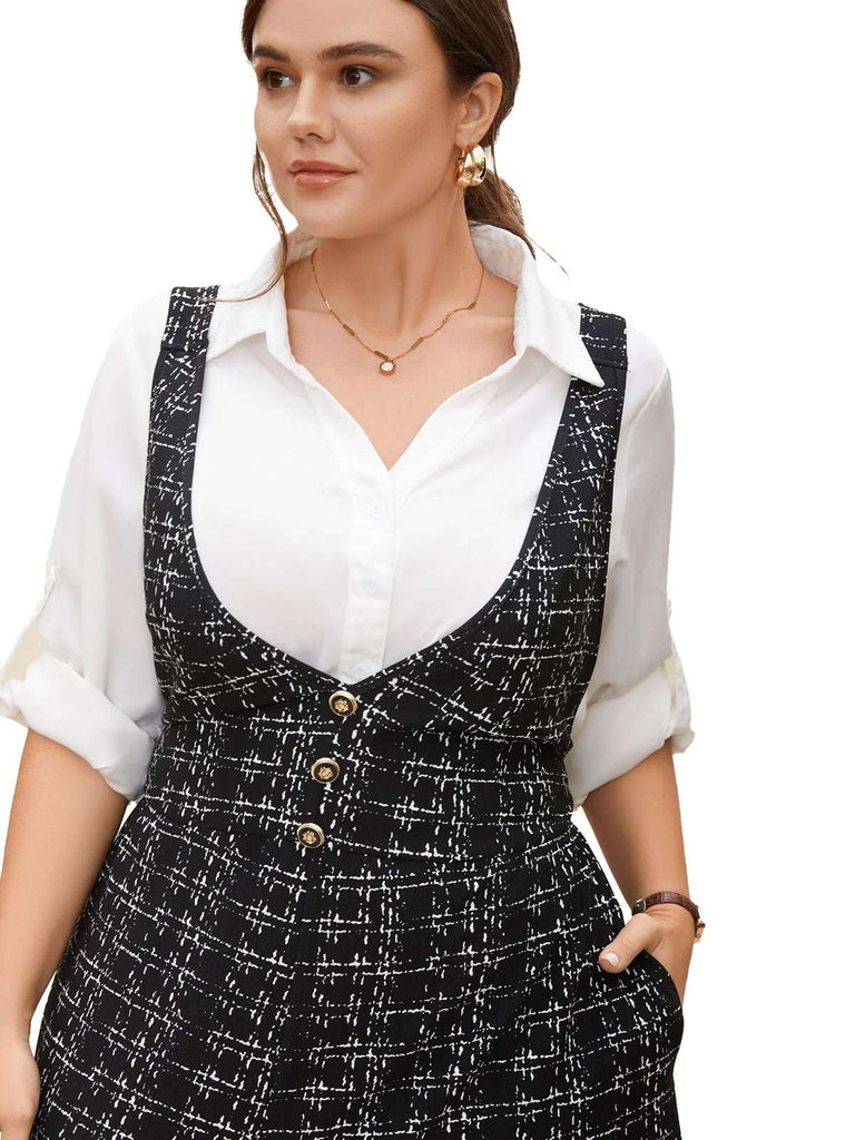 [Übergröße] Schwarz 1950er Kariert Weit-Bein Latzhose