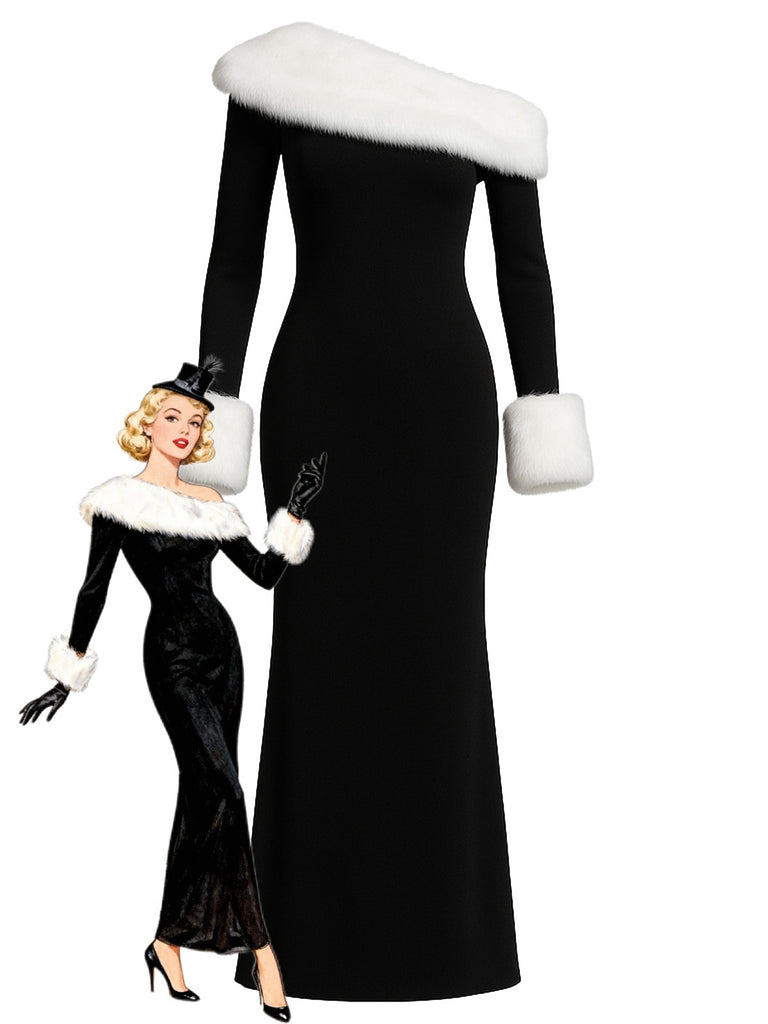 Schwarz 1980er Schulterfrei Pelz Besatz Kleid