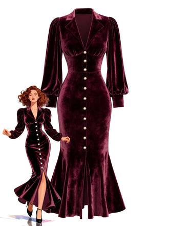 [Vorverkauf] Rot 1930er Samt Perle Laternenärmel Meerjungfrauen Kleid