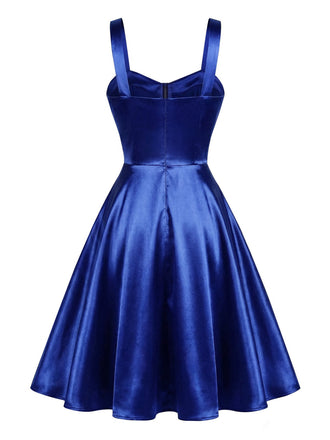 [Vorverkauf] Königsblau 1950er Satin Farbblock Breite Träger Kleid