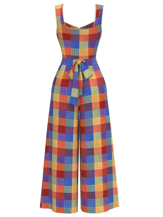 [Vorverkauf] Regenbogen 1970er Baumwolle Karo Breite Träger Jumpsuit
