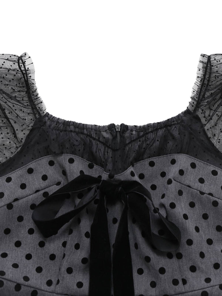 [Vorverkauf] Grau 1960er Bogen Netz Patchwork Polka Punkte Kleid