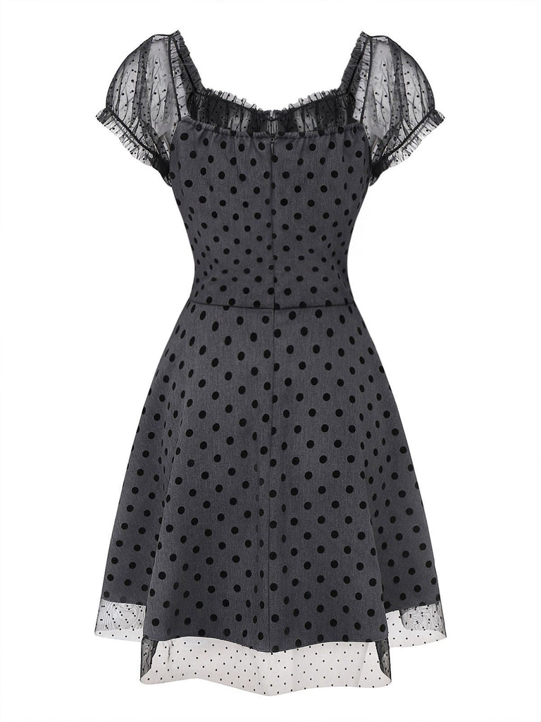 [Vorverkauf] Grau 1960er Bogen Netz Patchwork Polka Punkte Kleid