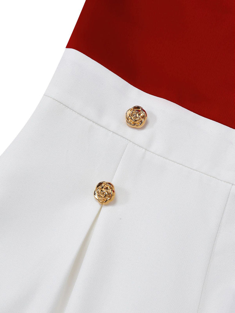 [Vorverkauf] Rot 1930er Perle Verziert Rüsche Farbblock Jumpsuit