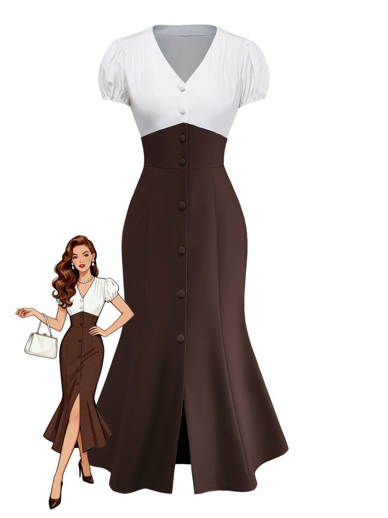 [Vorverkauf] Braun 1930er Farbblock Knöpfe Schlitz Meerjungfrauenkleid