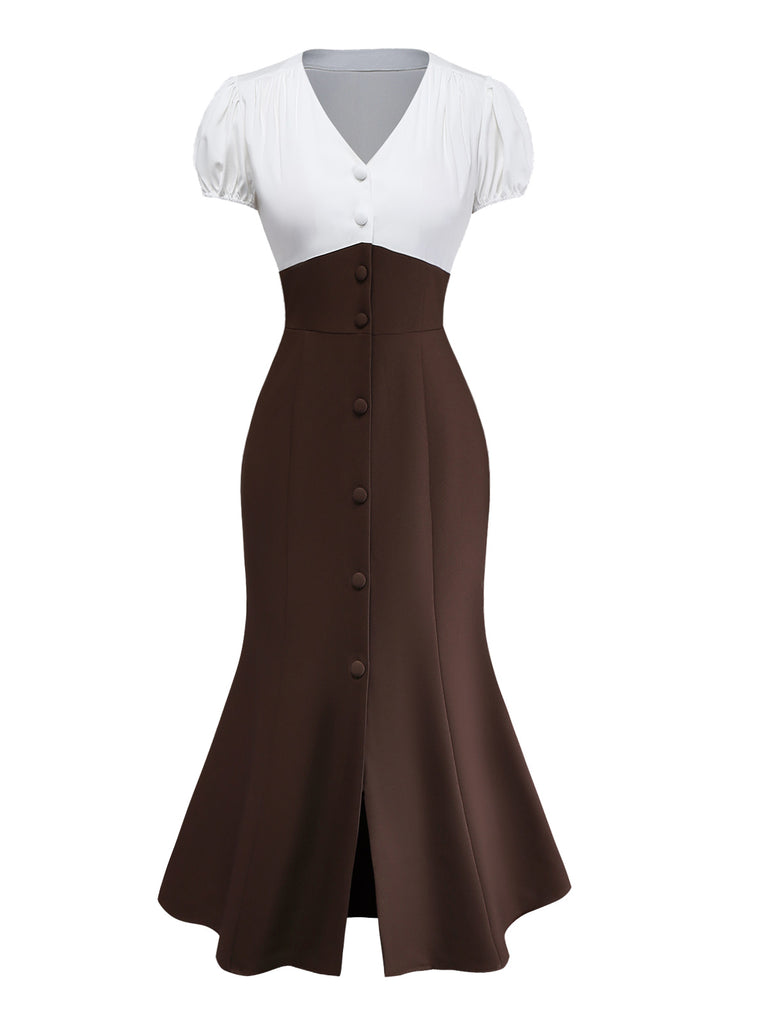 [Vorverkauf] Braun 1930er Farbblock Knöpfe Schlitz Meerjungfrauenkleid