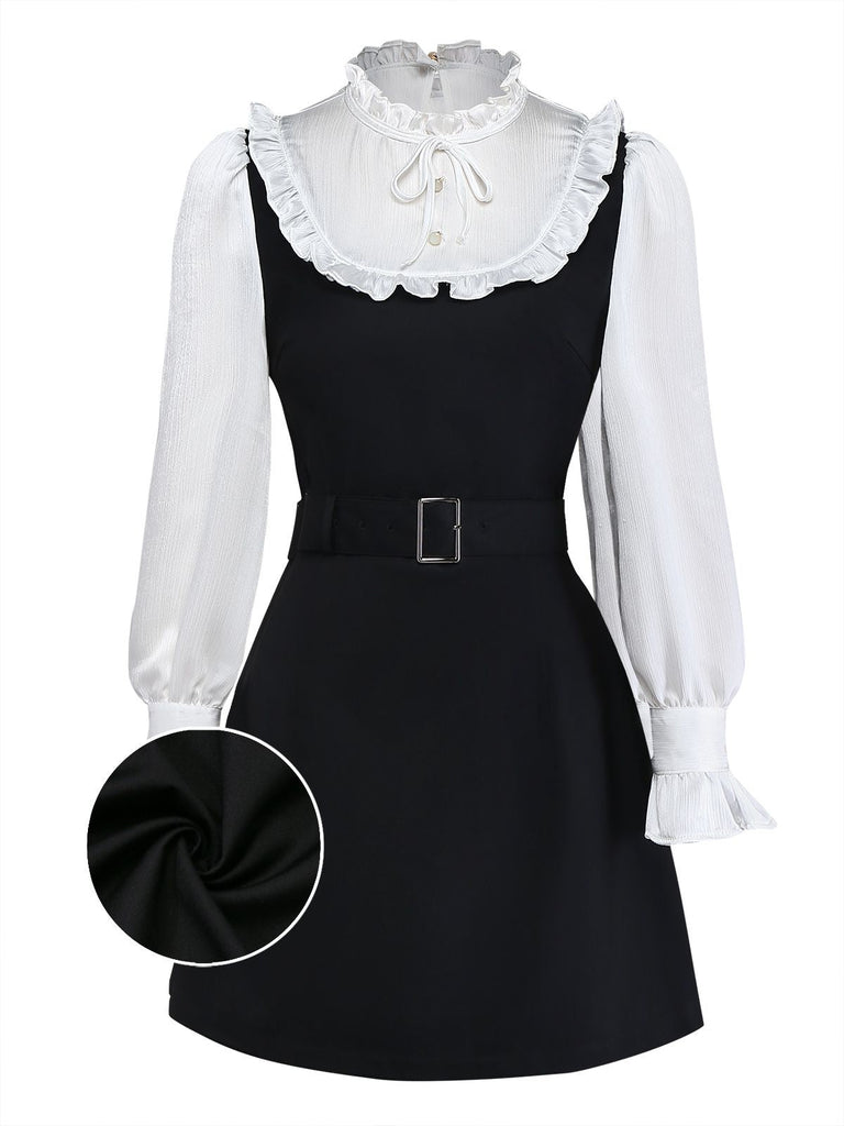 [Vorverkauf] Schwarz 1960er Rüschen Bogen Schleife Gürtel Kleid