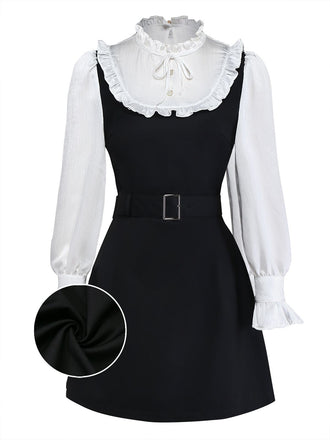 [Vorverkauf] Schwarz 1960er Rüschen Bogen Schleife Gürtel Kleid