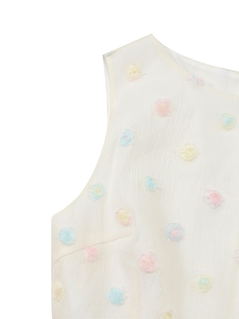 [Vorverkauf] Weiß 1950er 3D Blumen Punkt Bogen Gürtel Kleid