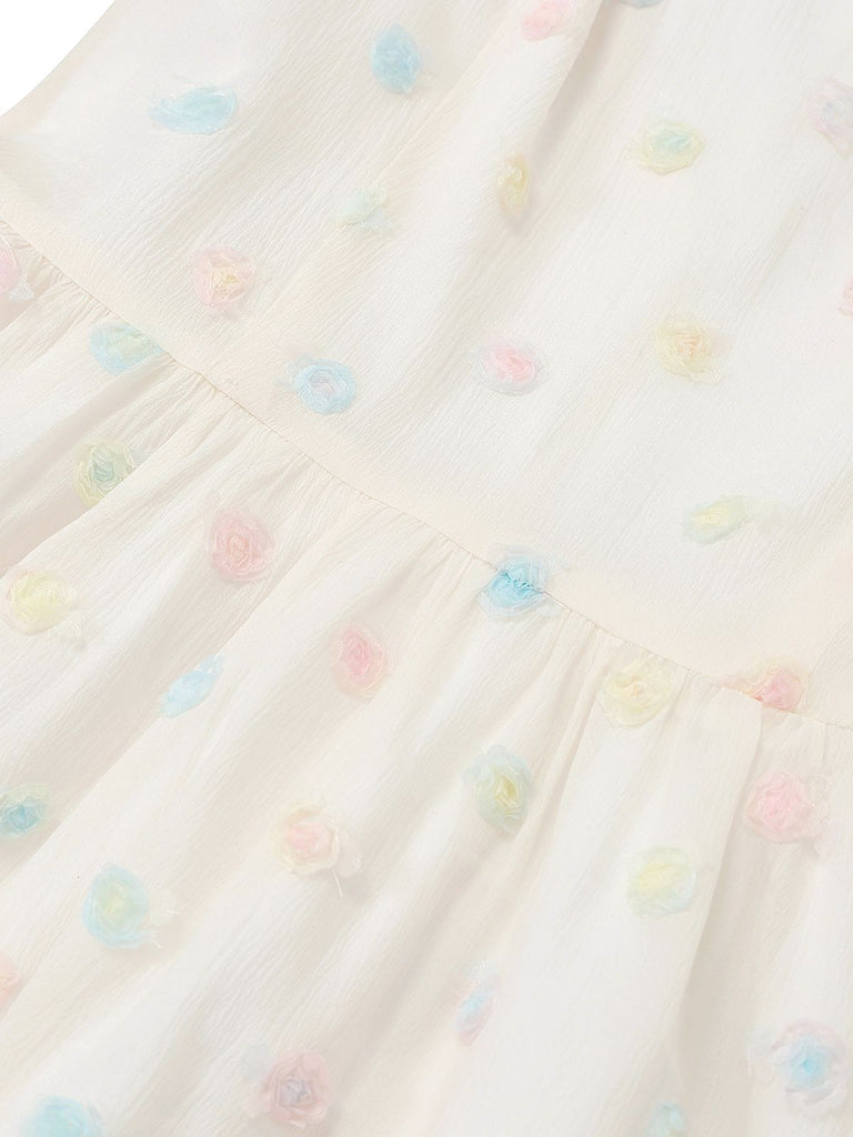 [Vorverkauf] Weiß 1950er 3D Blumen Punkt Bogen Gürtel Kleid