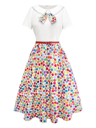 [Vorverkauf] Multicolor 1950er Bunt Polka Punkte Bogen Kleid